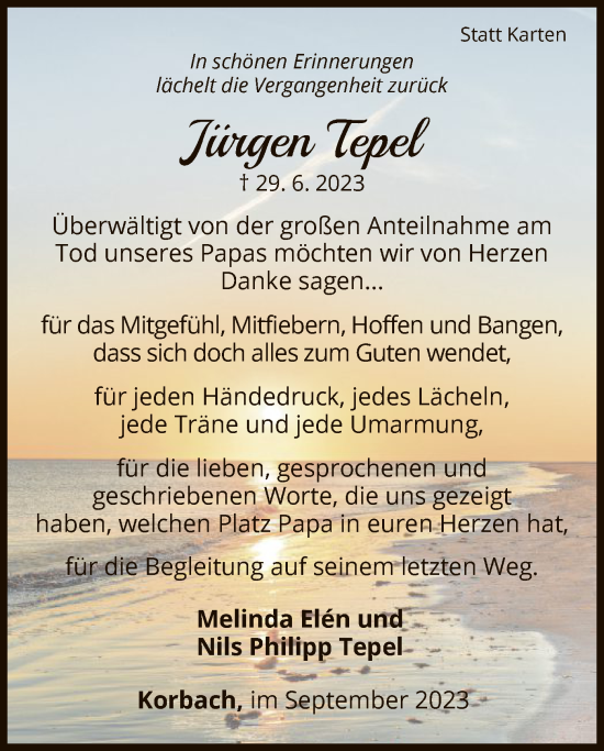 Traueranzeige von Jürgen Tepel von WLZ