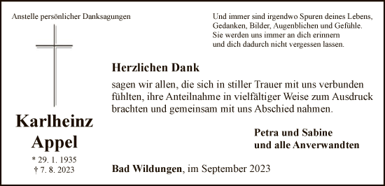 Traueranzeige von Karlheinz Appel von WLZ
