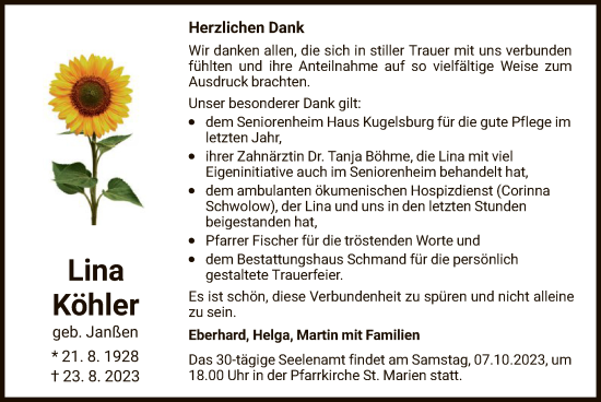 Traueranzeige von Lina Köhler von WLZ