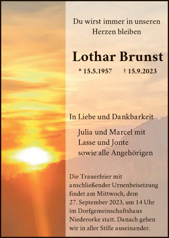Traueranzeige von Lothar Brunst von HNAWLZ