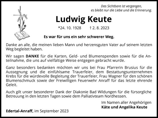 Traueranzeige von Ludwig Keute von WLZ