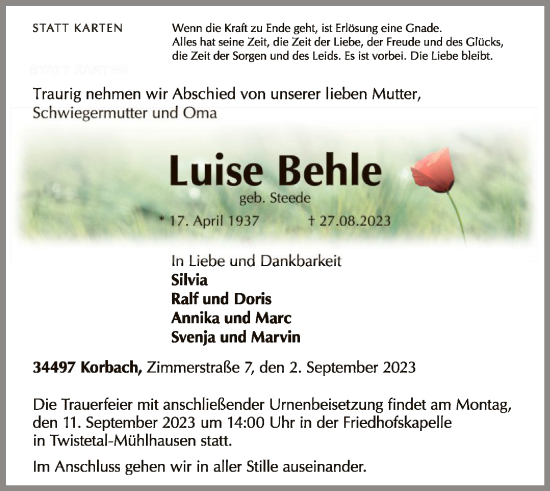 Traueranzeige von Luise Behle von WLZ