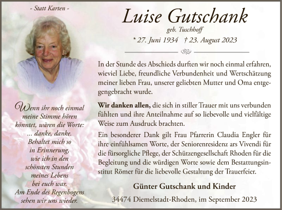 Traueranzeige von Luise Gutschank von WLZ