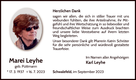 Traueranzeige von Marei Leyhe von WLZ