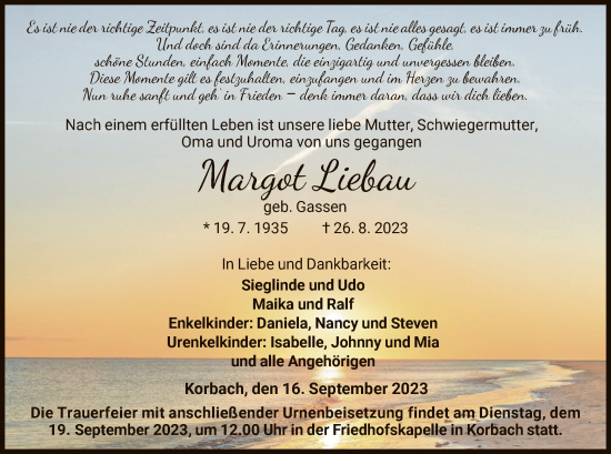 Traueranzeige von Margot Liebau von WLZ