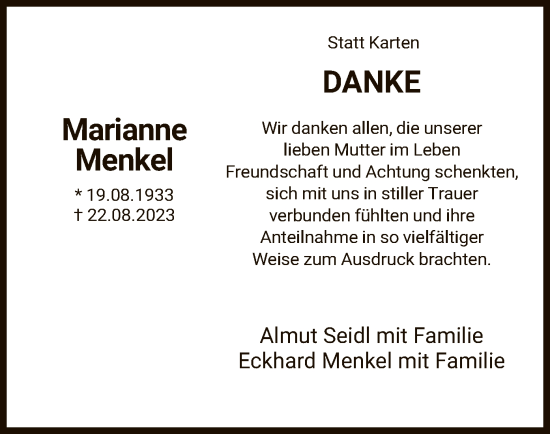 Traueranzeige von Marianne Menkel von HNAWLZ