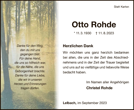 Traueranzeige von Otto Rohde von WLZ