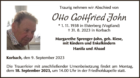 Traueranzeige von Otto Gottfried John von WLZ