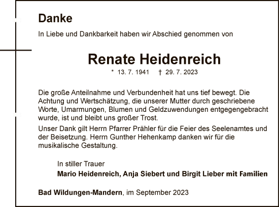 Traueranzeige von Renate Heidenreich von WLZ