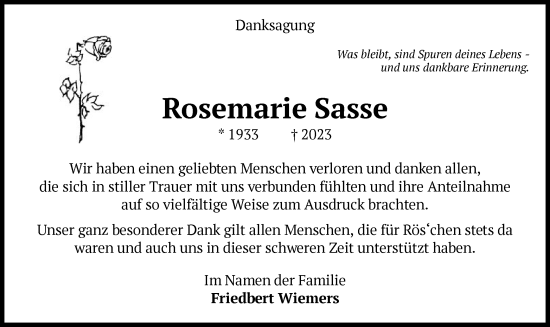 Traueranzeige von Rosemarie Sasse von WLZ