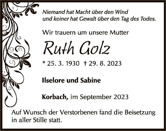Traueranzeige von Ruth Golz von WLZ