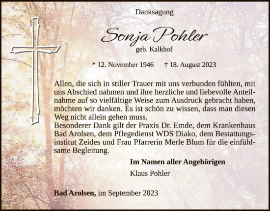 Traueranzeige von Sonja Pohler von WLZ