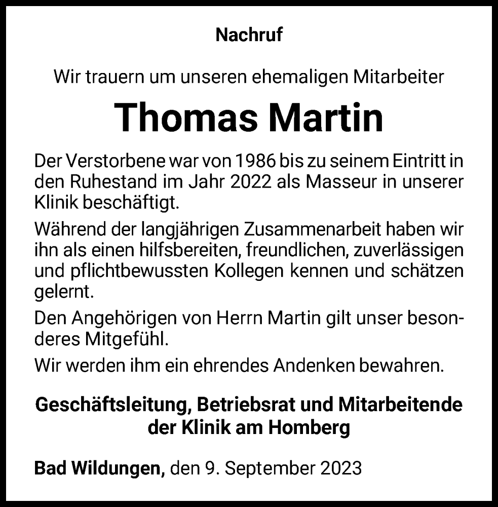 Traueranzeige für Thomas Martin vom 09.09.2023 aus WLZ