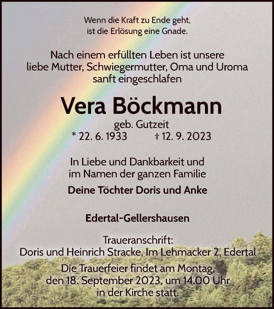  Traueranzeige für Vera Böckmann vom 16.09.2023 aus WLZ