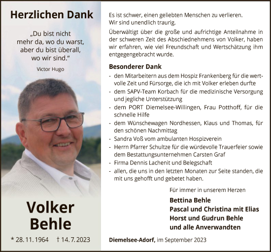 Traueranzeige von Volker Behle von WLZ