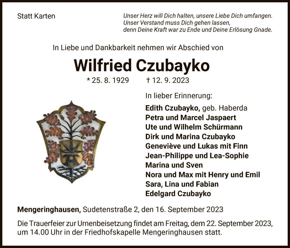  Traueranzeige für Wilfried Czubayko vom 16.09.2023 aus WLZ