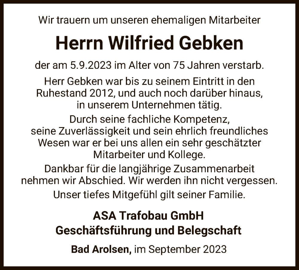  Traueranzeige für Wilfried Gebken vom 16.09.2023 aus WLZ