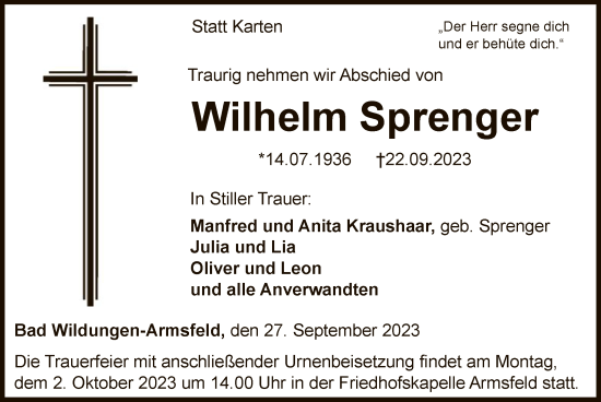 Traueranzeige von Wilhelm Sprenger von WLZ