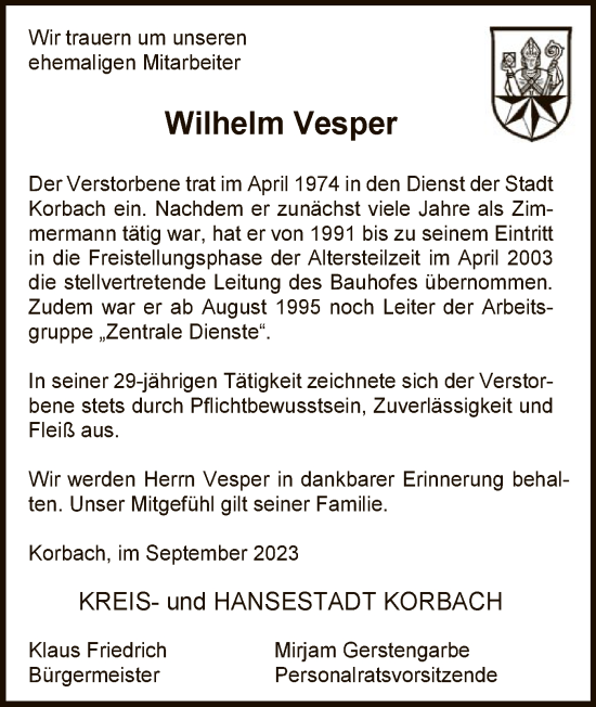 Traueranzeige von Wilhelm Vesper von WLZ