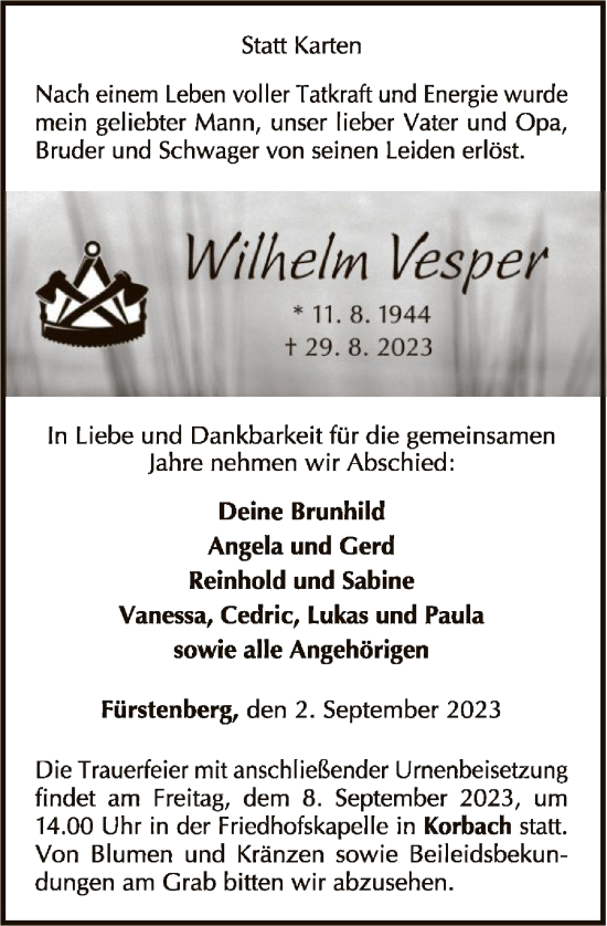 Traueranzeige von Wilhelm Vesper von WLZ