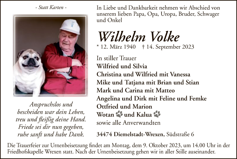  Traueranzeige für Wilhelm Volke vom 30.09.2023 aus WLZ