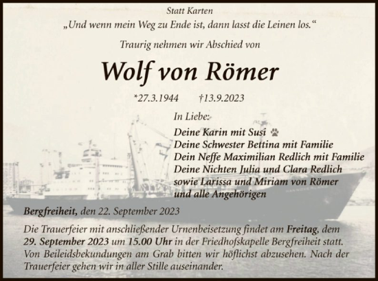 Traueranzeige von Wolf von Römer von WLZ