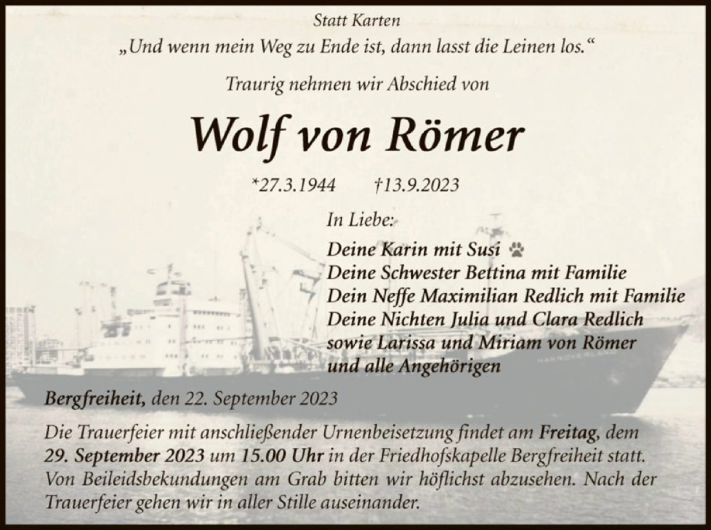  Traueranzeige für Wolf von Römer vom 22.09.2023 aus WLZ