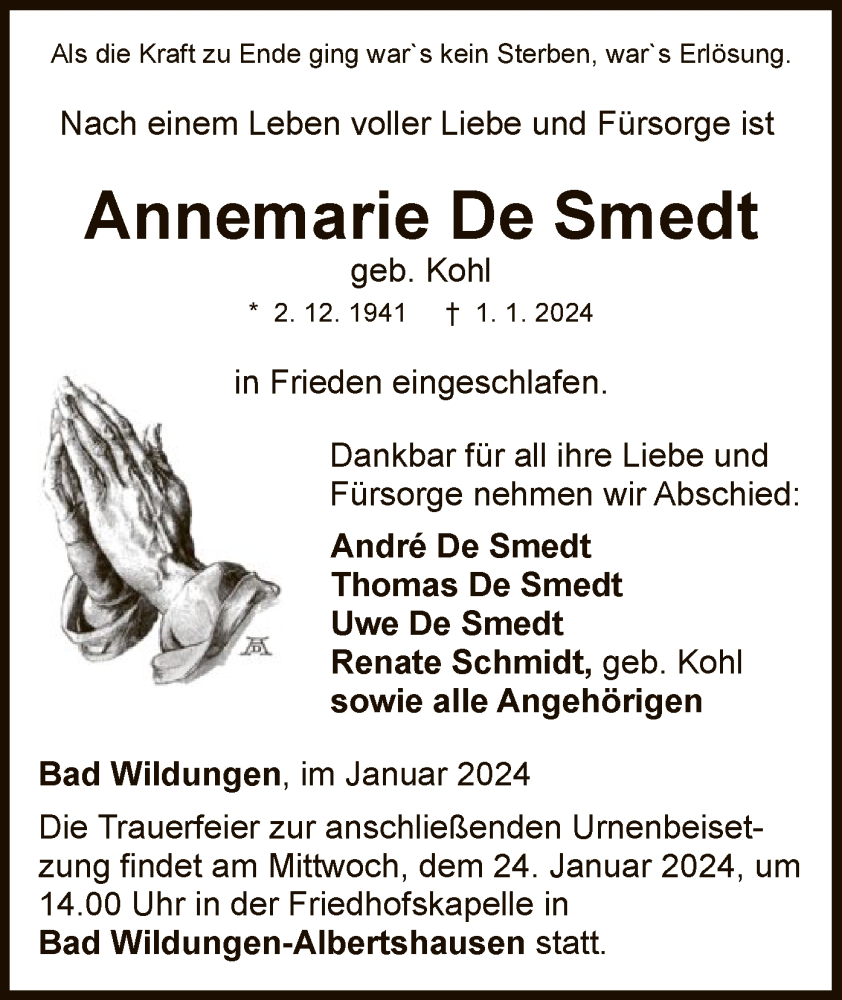  Traueranzeige für Annemarie De Smedt vom 20.01.2024 aus WLZ