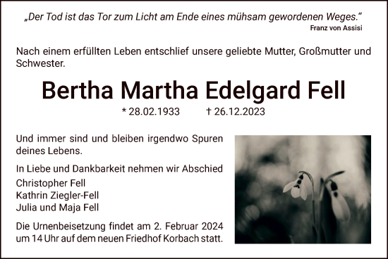 Traueranzeige von Bertha Martha Edelgard Fell von WLZ