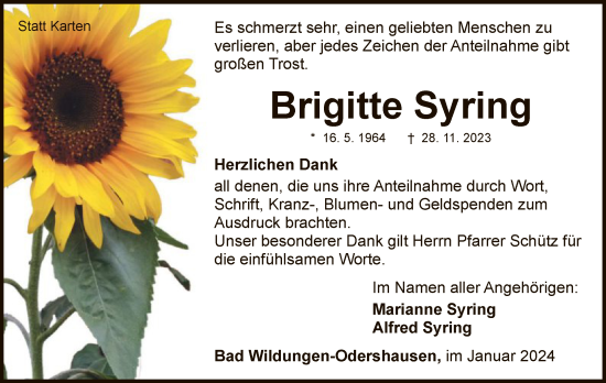 Traueranzeige von Brigitte Syring von WLZ