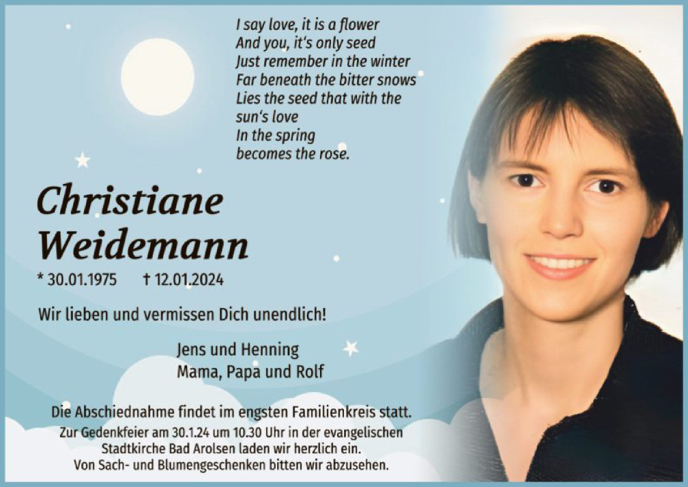  Traueranzeige für Christiane Weidemann vom 20.01.2024 aus WLZ