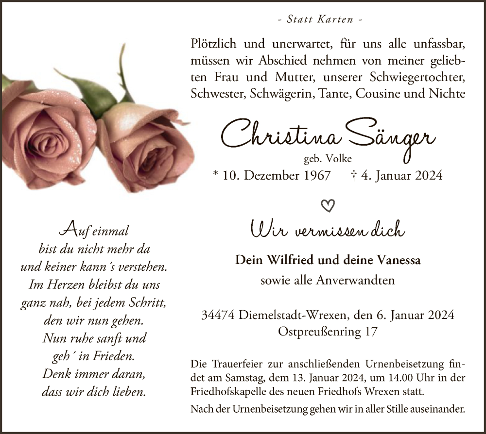  Traueranzeige für Christina Sänger vom 06.01.2024 aus WLZ