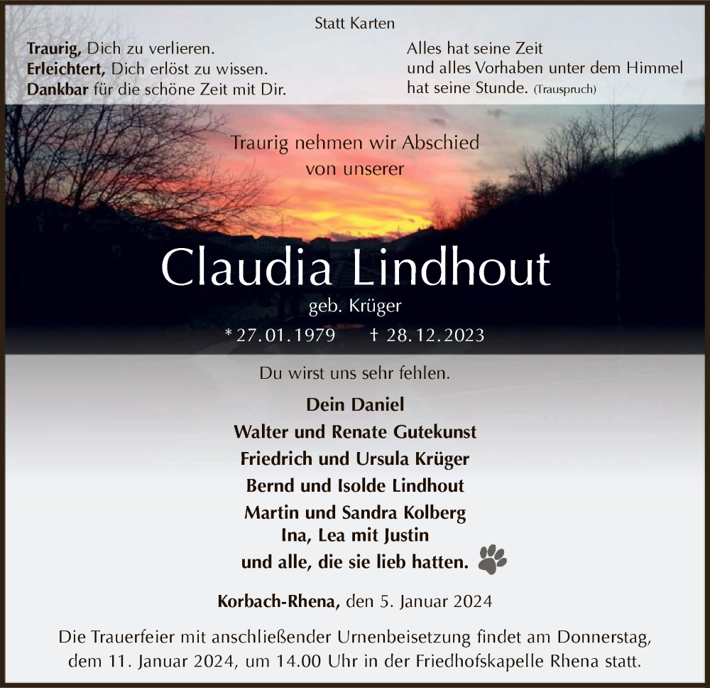  Traueranzeige für Claudia Lindhout vom 05.01.2024 aus WLZ