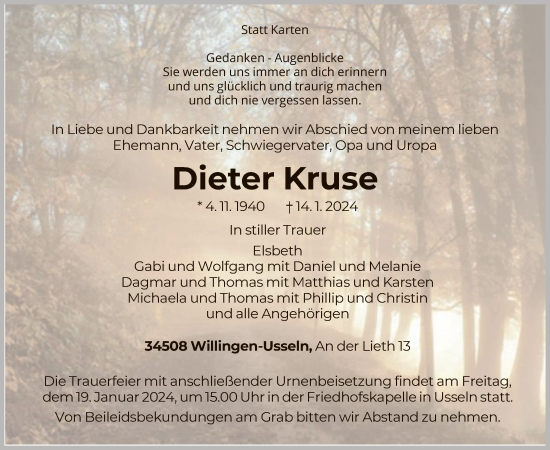 Traueranzeige von Dieter Kruse von WLZ