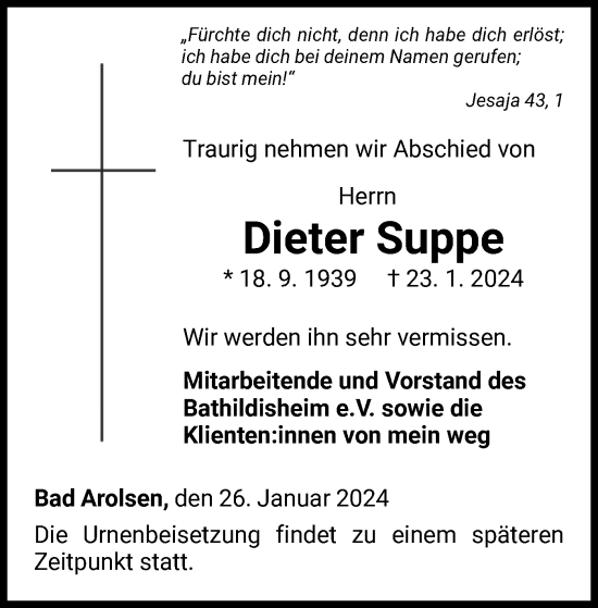 Traueranzeige von Dieter Suppe von WLZ