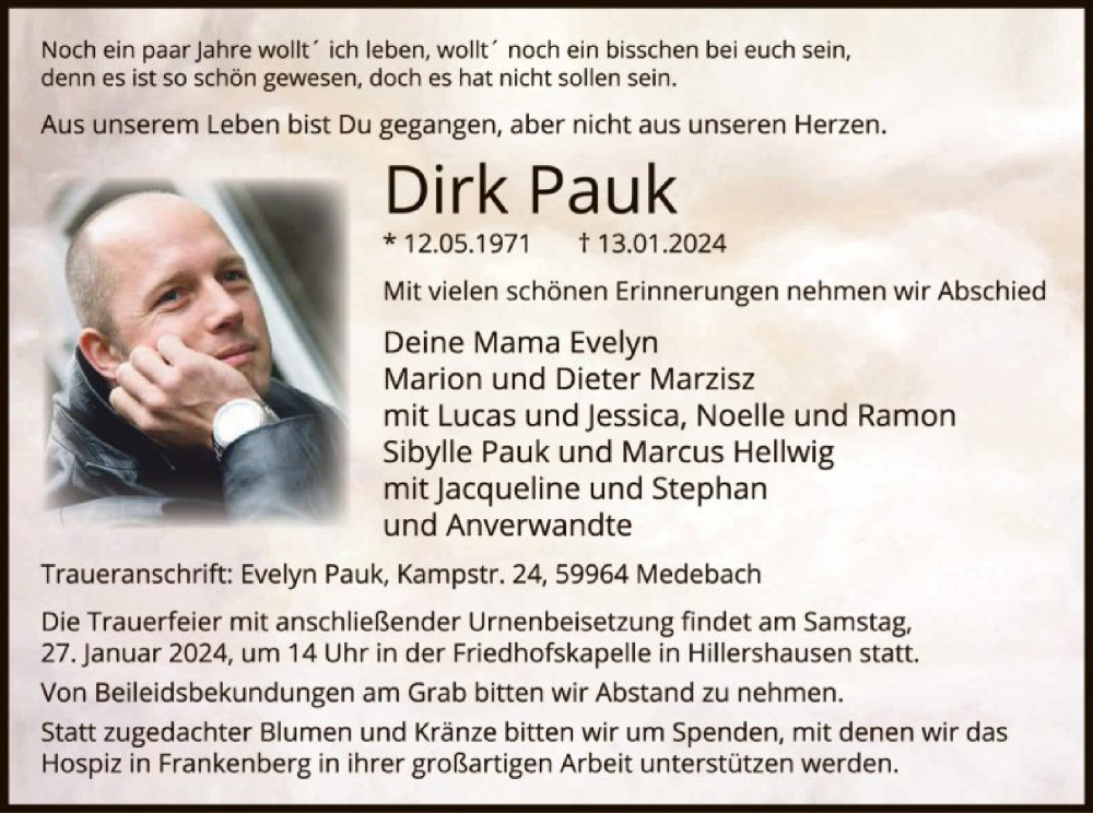  Traueranzeige für Dirk Pauk vom 20.01.2024 aus WLZ