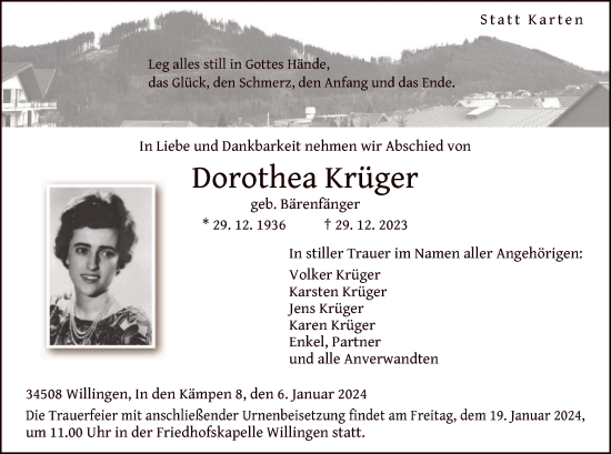 Traueranzeige von Dorothea Krüger von WLZ