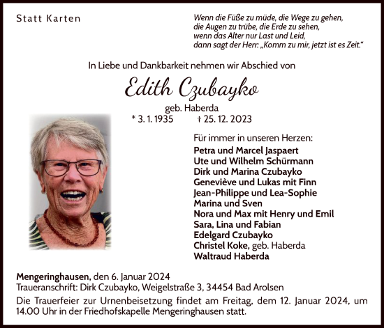 Traueranzeige von Edith Czubayko von WLZ