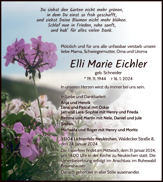Traueranzeige von Elli Marie Eichler von WLZHNA