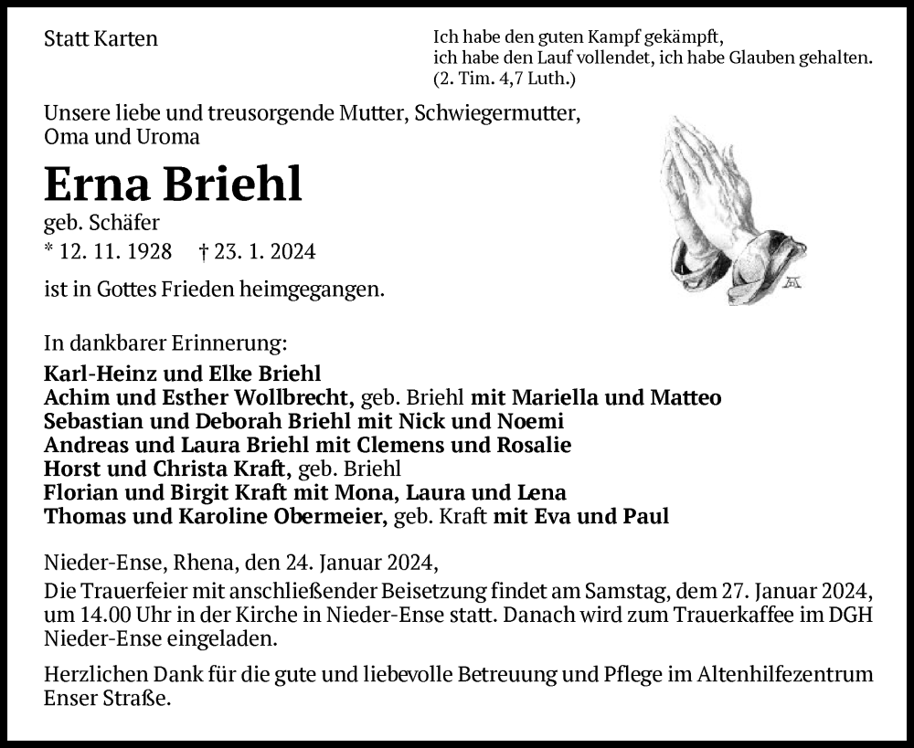  Traueranzeige für Erna Briehl vom 25.01.2024 aus WLZ