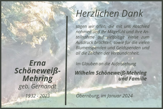 Traueranzeige von Erna Schöneweiß-Mehring von WLZ