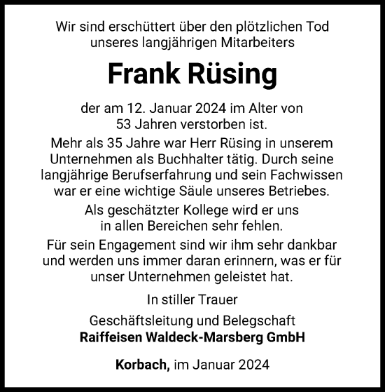 Traueranzeige von Frank Rüsing von WLZ