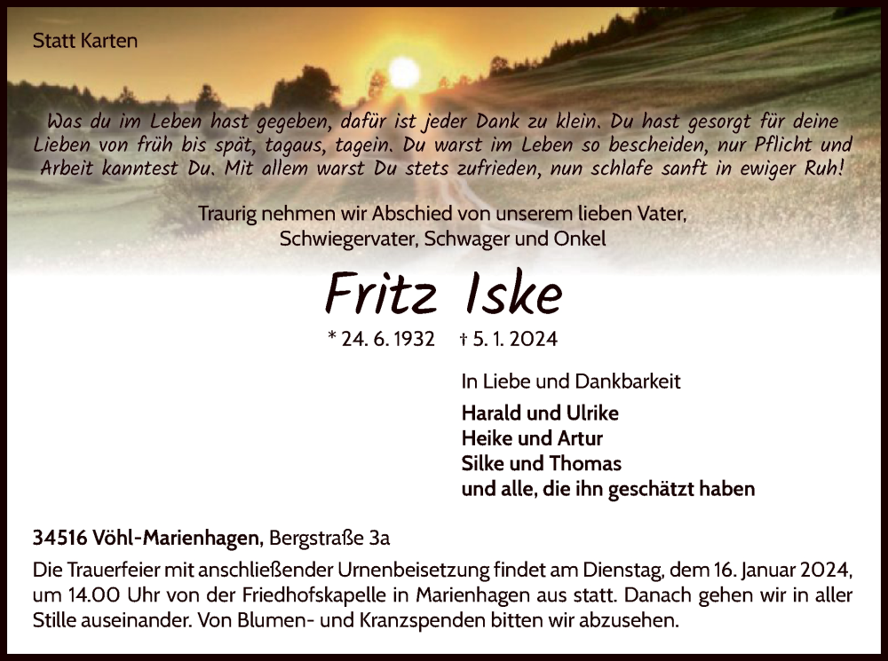  Traueranzeige für Fritz Iske vom 13.01.2024 aus WLZ