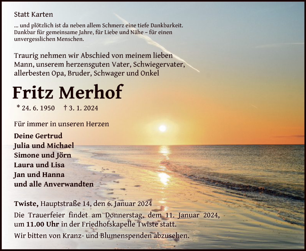  Traueranzeige für Fritz Merhof vom 06.01.2024 aus WLZ