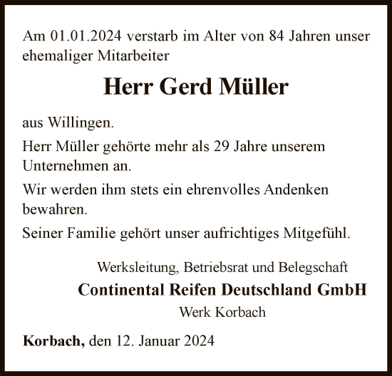 Traueranzeige von Gerd Müller von WLZ