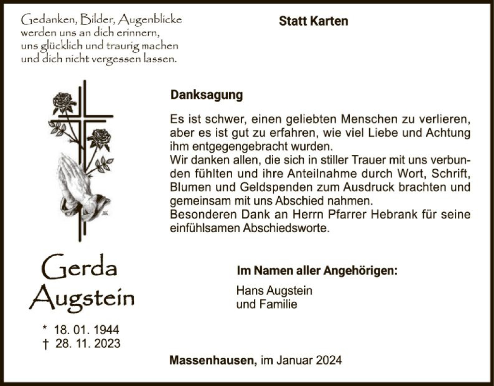  Traueranzeige für Gerda Augstein vom 13.01.2024 aus WLZ