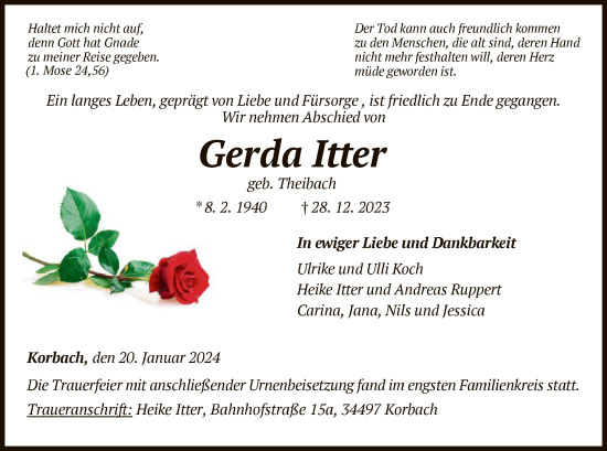 Traueranzeige von Gerda Itter von WLZ