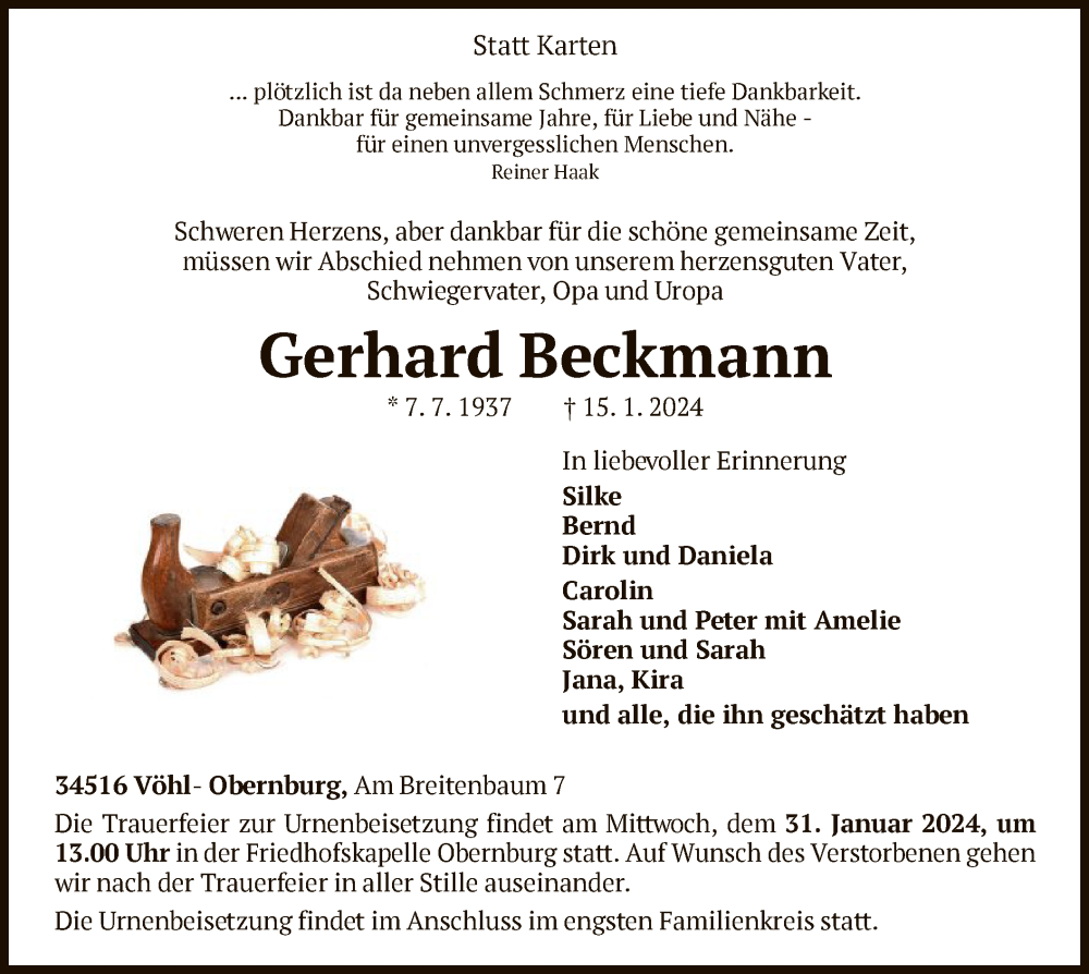  Traueranzeige für Gerhard Beckmann vom 20.01.2024 aus WLZ