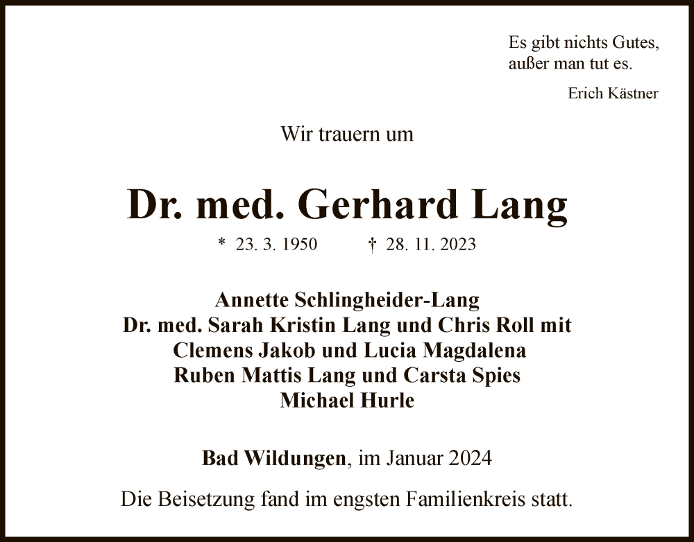  Traueranzeige für Gerhard Lang vom 20.01.2024 aus WLZHNA