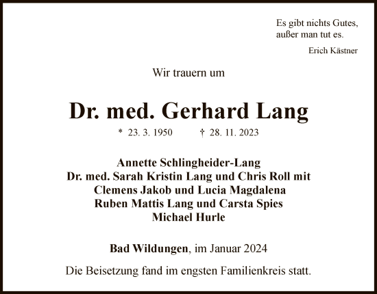 Traueranzeige von Gerhard Lang von WLZHNA